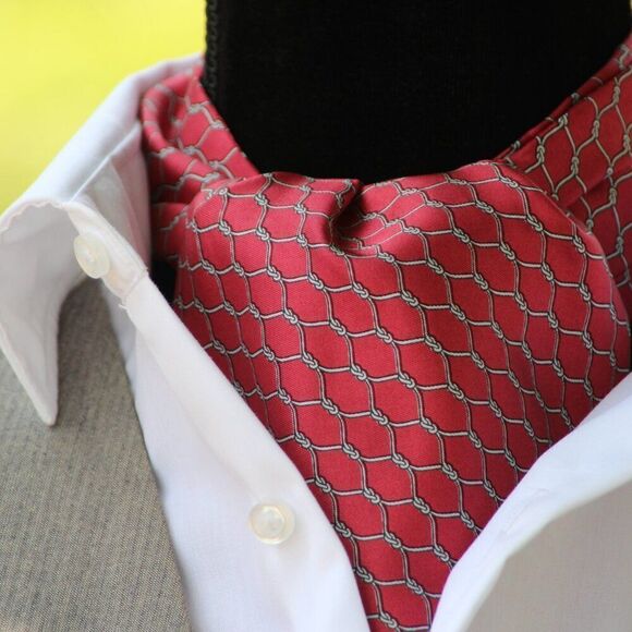 Men's Cravat Ascot 100%silk Gift Box A091 Red Ornament Print - Picture 6 of 11